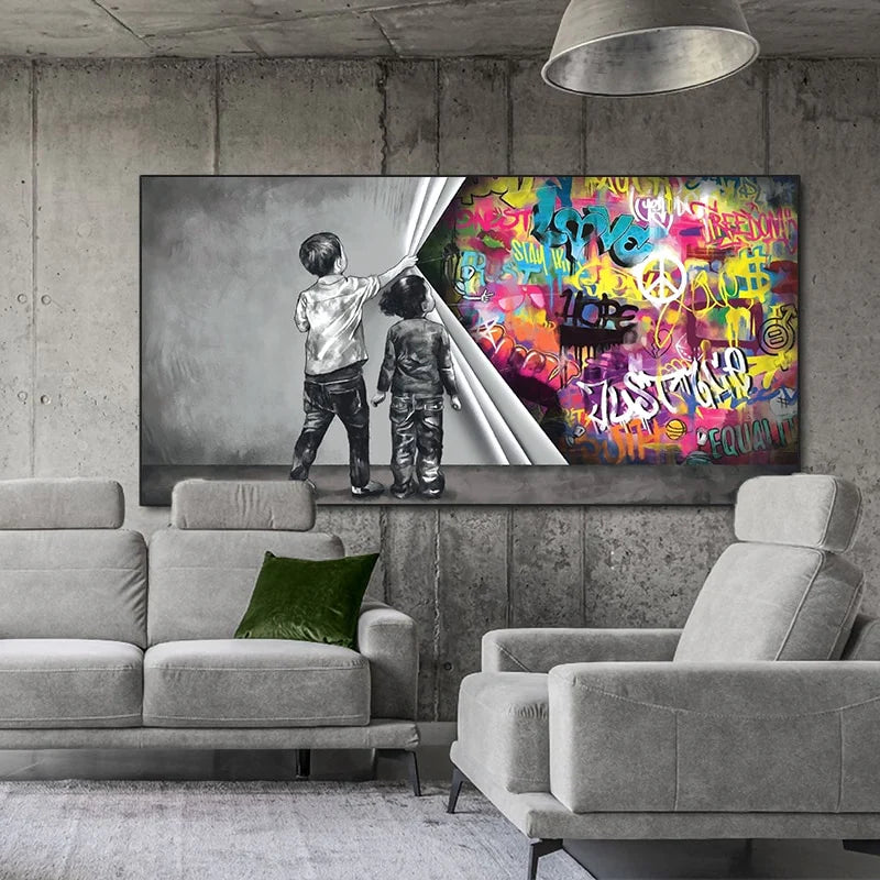 Banksy kids curtain wall art – urban modern canvas by TopArt